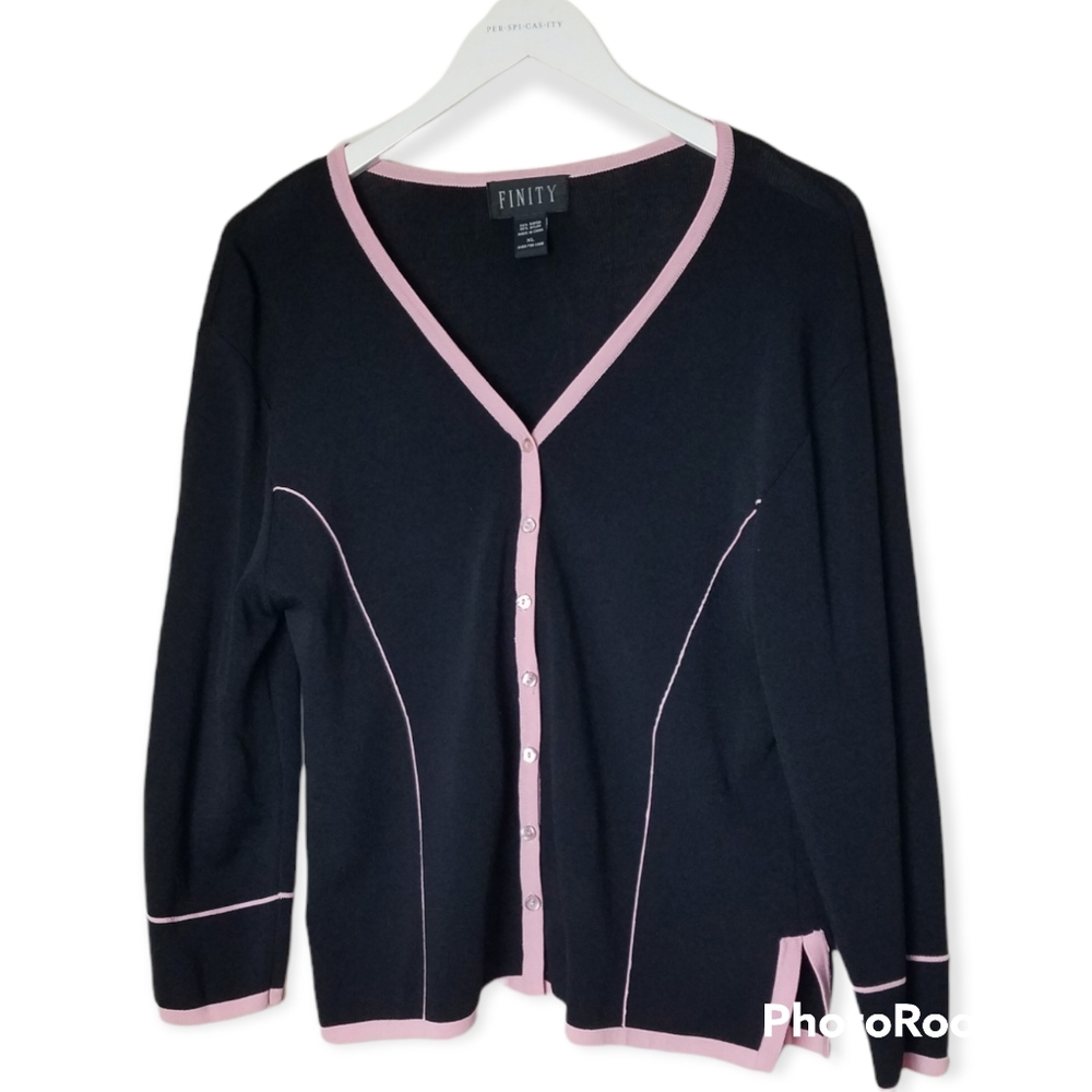 Finity Pink And Black 50's Style Button Down Cardigan Sweater Size XL